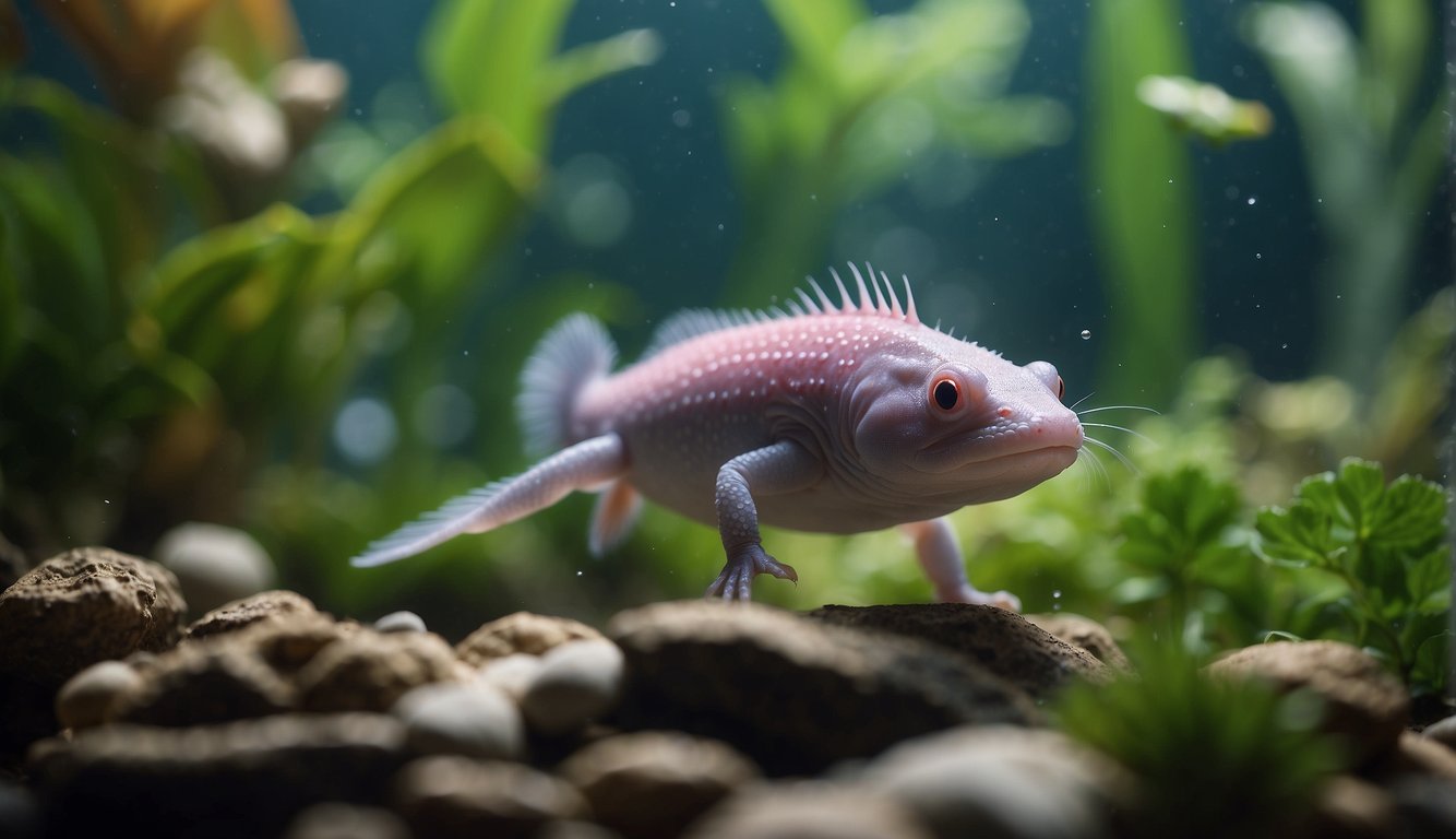 The axolotl swims gracefully through the crystal-clear waters of its natural habitat, surrounded by lush aquatic plants and colorful fish