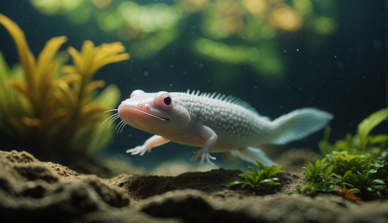 The axolotl swims gracefully through the clear waters of its natural habitat, surrounded by lush aquatic plants and colorful fish