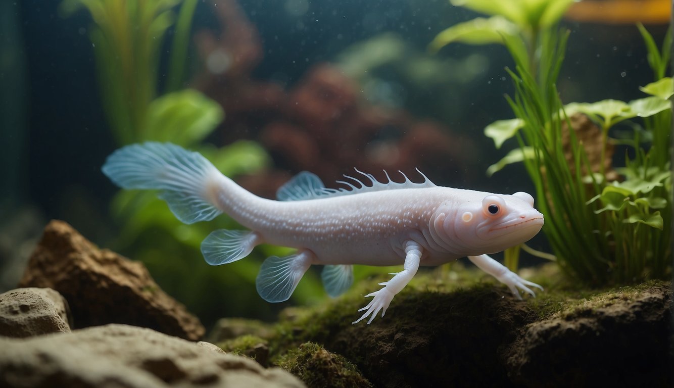 An axolotl swims gracefully in a clear, freshwater tank, surrounded by vibrant aquatic plants and rocks.

The creature's unique external gills and feathery external gills are prominently displayed