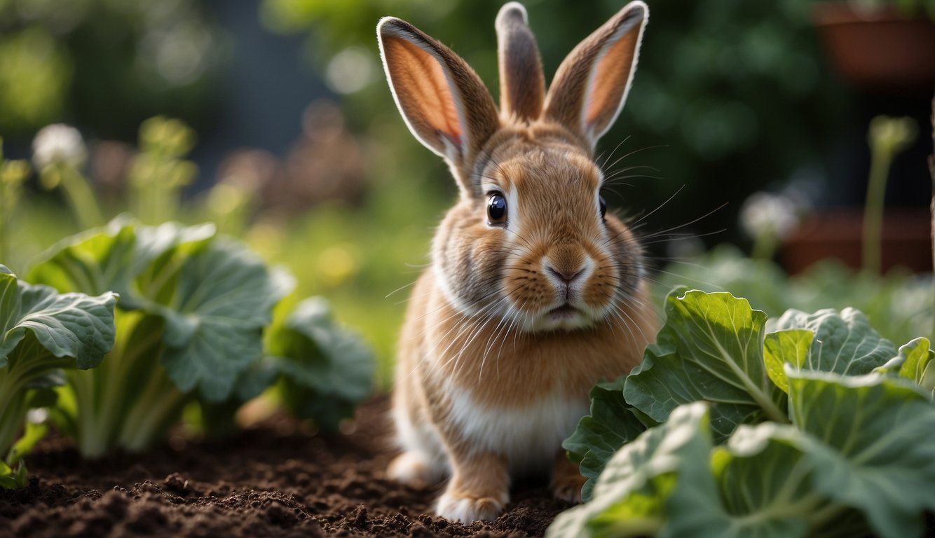 A rabbit nibbles on a patch of rhubarb in a garden. The rabbit's ears are perked up as it cautiously tastes the unfamiliar plant