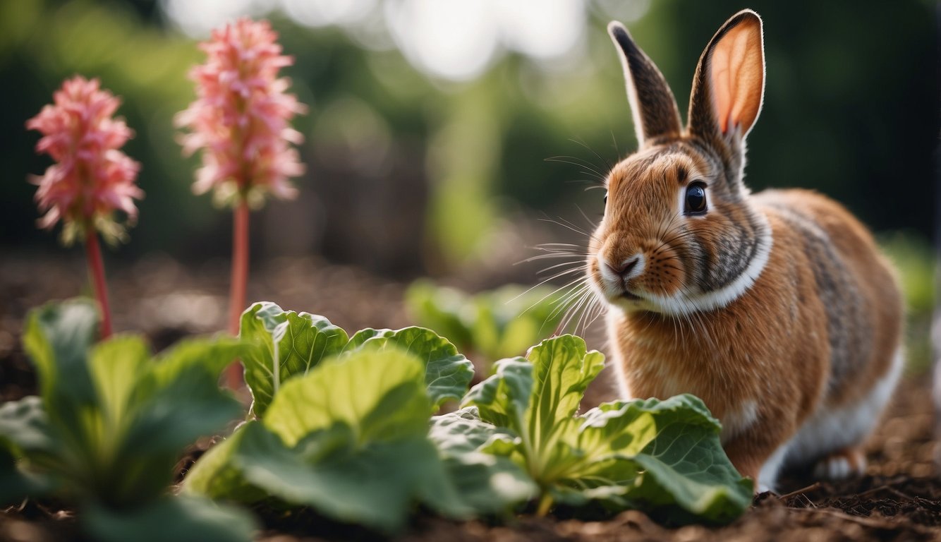 A rabbit cautiously sniffs a vibrant rhubarb plant, its ears perked with curiosity and caution. A warning sign nearby indicates the dangers of rhubarb for rabbits