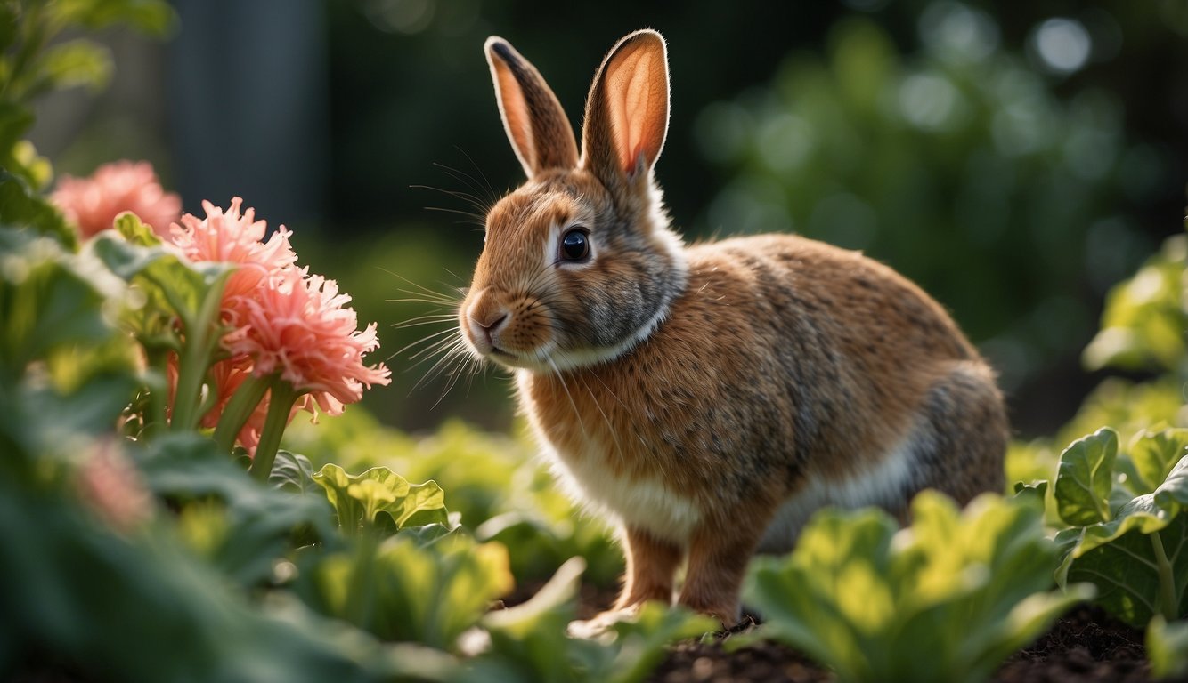 A rabbit nibbles on a vibrant rhubarb plant in a lush garden setting