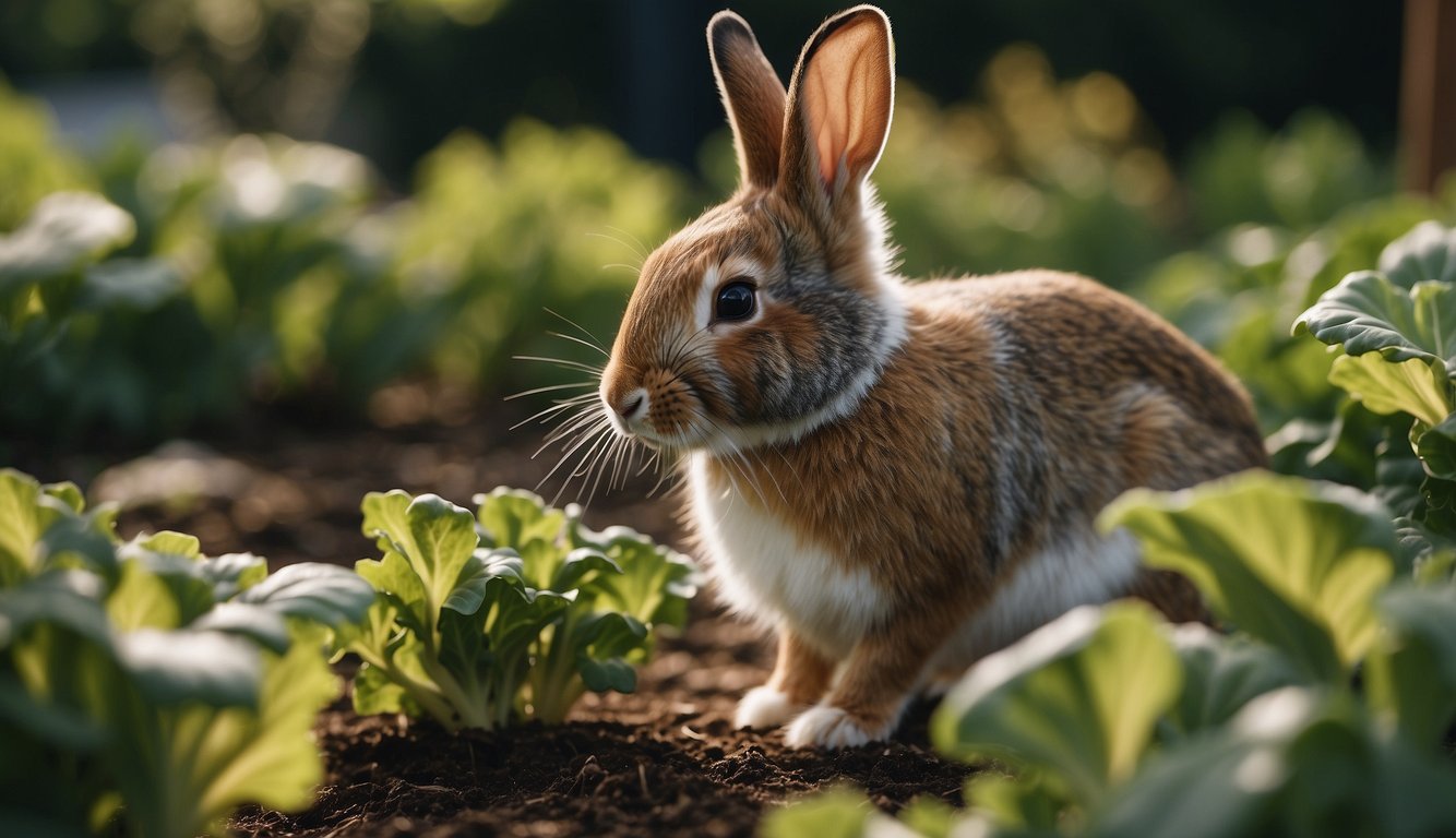 A rabbit munches on a leafy green rhubarb plant in a garden