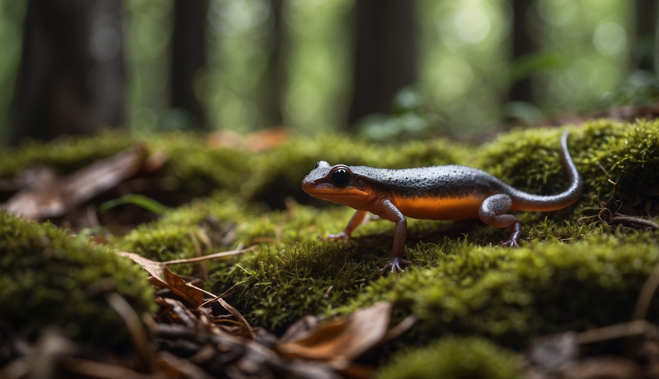 A ghostly Ensatina blends into the forest floor, its skin transforming into vibrant colors to mimic the surrounding foliage