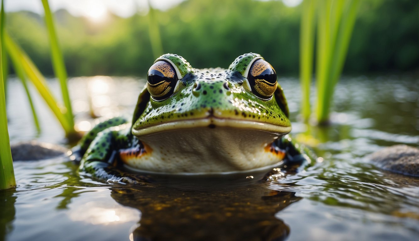 A vibrant hula painted frog leaps among lush green reeds, its colorful skin standing out against the natural backdrop, symbolizing its triumphant return from the brink of extinction