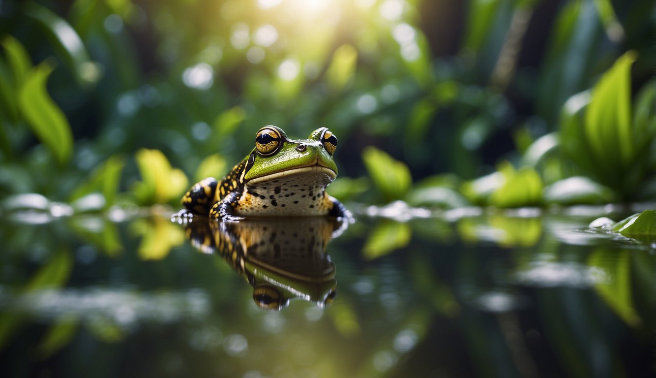 A vibrant tropical forest with a clear pond, where the Hula Painted Frog is seen hopping among lush vegetation, symbolizing its triumphant return from the brink of extinction