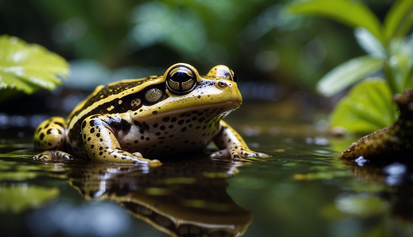 The Hula Painted Frog is depicted in its natural habitat, surrounded by lush vegetation, clear water, and other native wildlife.

Its vibrant colors and unique markings stand out as it hops confidently, symbolizing its successful return from the brink of extinction