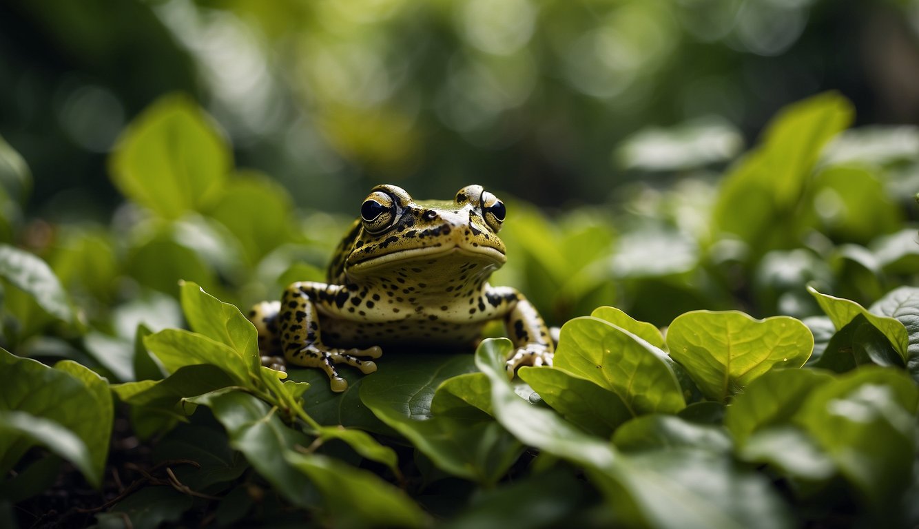 A hula painted frog hops through lush green foliage, its vibrant colors standing out against the backdrop.

It displays unique behavior, capturing the attention of onlookers