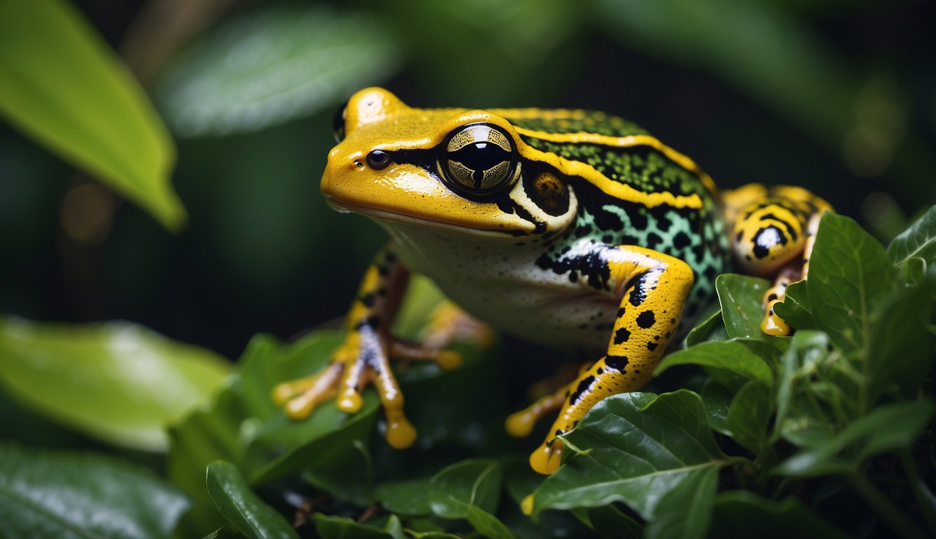 A colorful hula painted frog leaps through lush, tropical foliage, its vibrant markings standing out against the greenery.

The frog's joyful, energetic movement captures the essence of its triumphant return from the brink of extinction