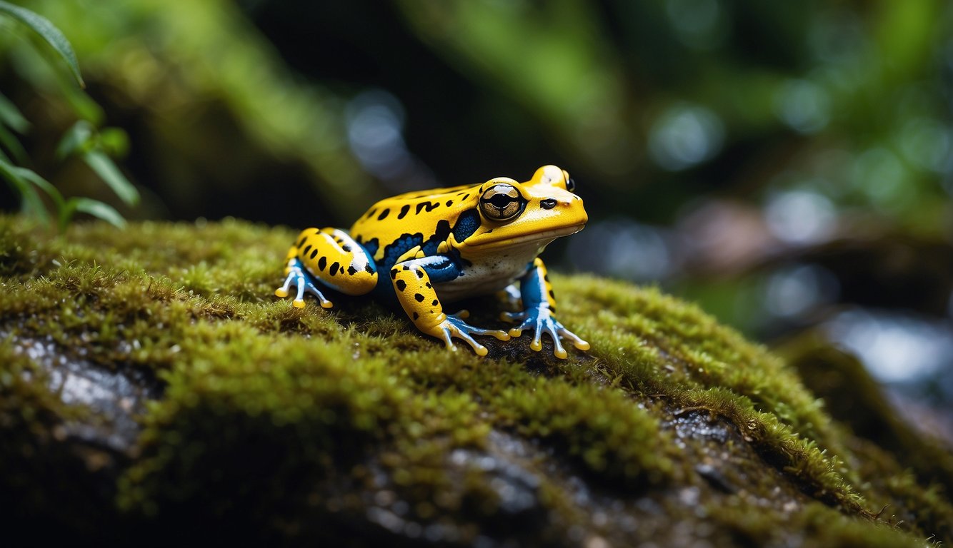 A vibrant rainforest setting with lush green foliage, a bubbling stream, and a small, brightly colored Panamanian Golden Frog perched on a moss-covered rock