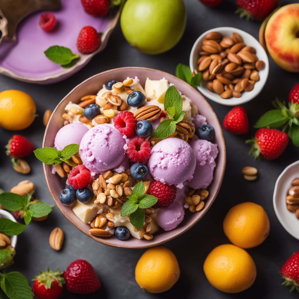A colorful bowl of ice cream sits on a table, surrounded by fresh fruits and a sprinkle of nuts