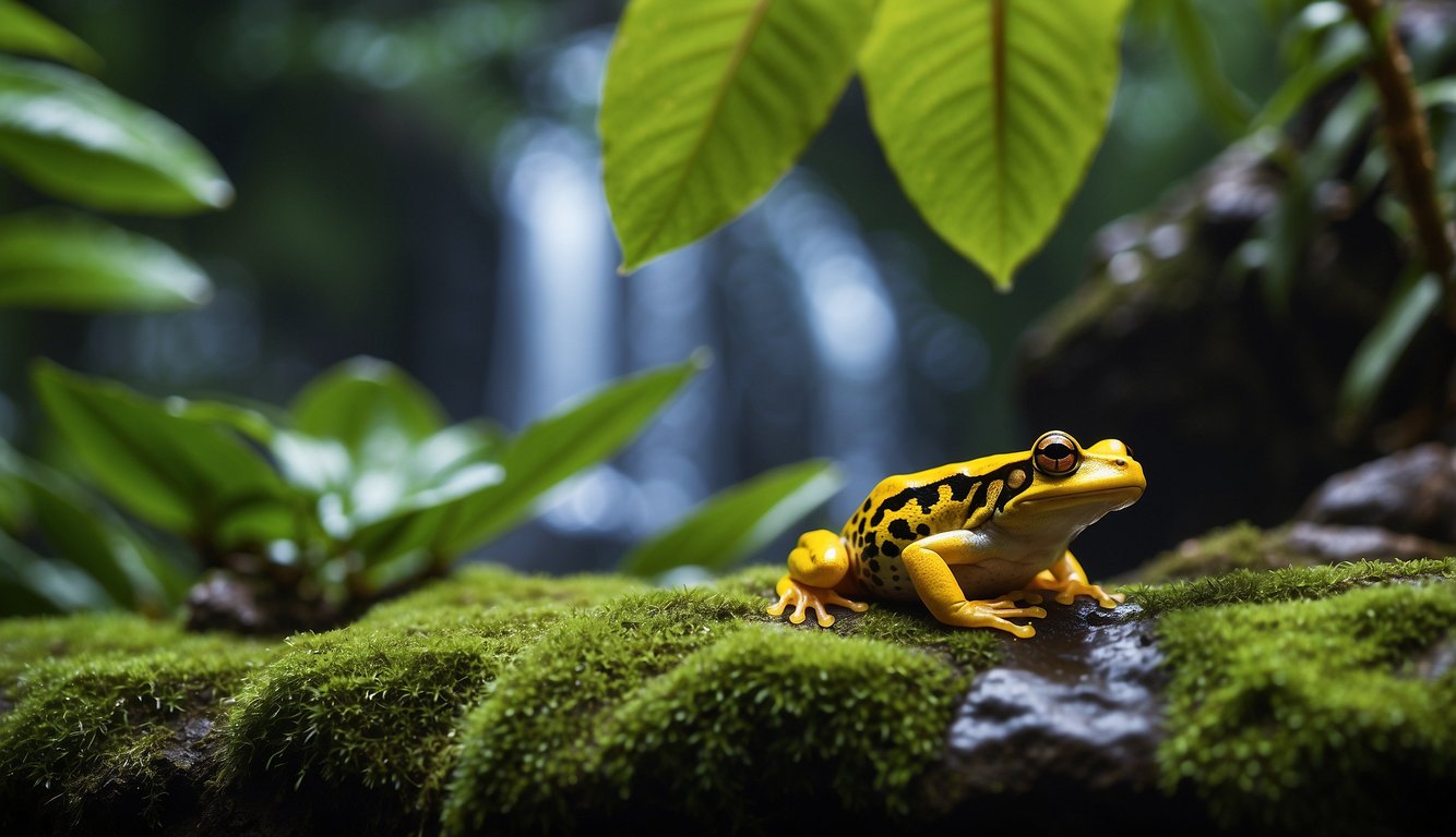 Vibrant rainforest backdrop with lush green foliage, a cascading stream, and a small, brightly colored Panamanian Golden Frog perched on a rock