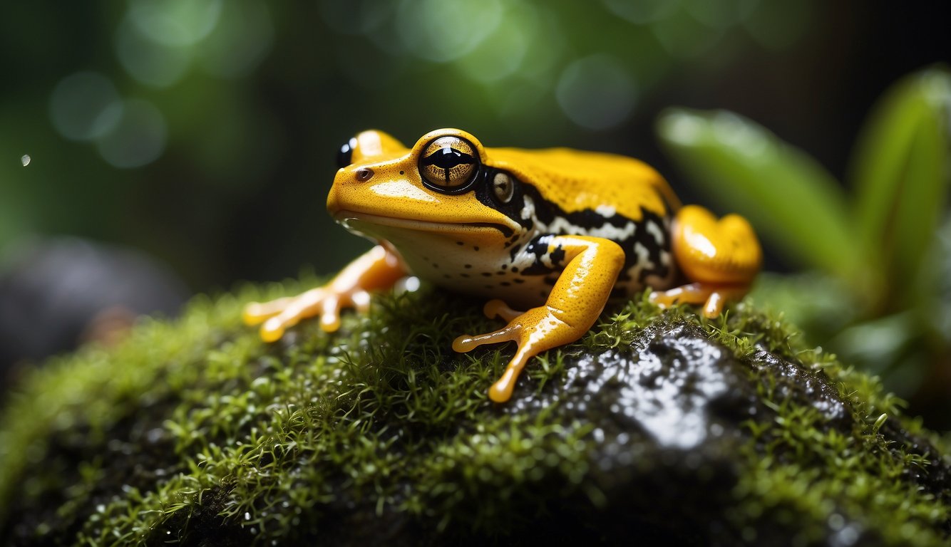 A lush, tropical rainforest with vibrant foliage and a crystal-clear stream.

A small, brightly colored Panamanian Golden Frog perched on a moss-covered rock