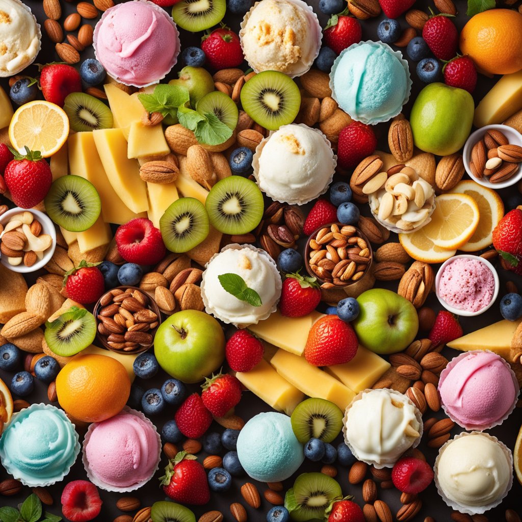 A colorful array of ice cream flavors surrounded by fresh fruits and nuts, with a nutrition label showing the fat, sugar, and calorie content