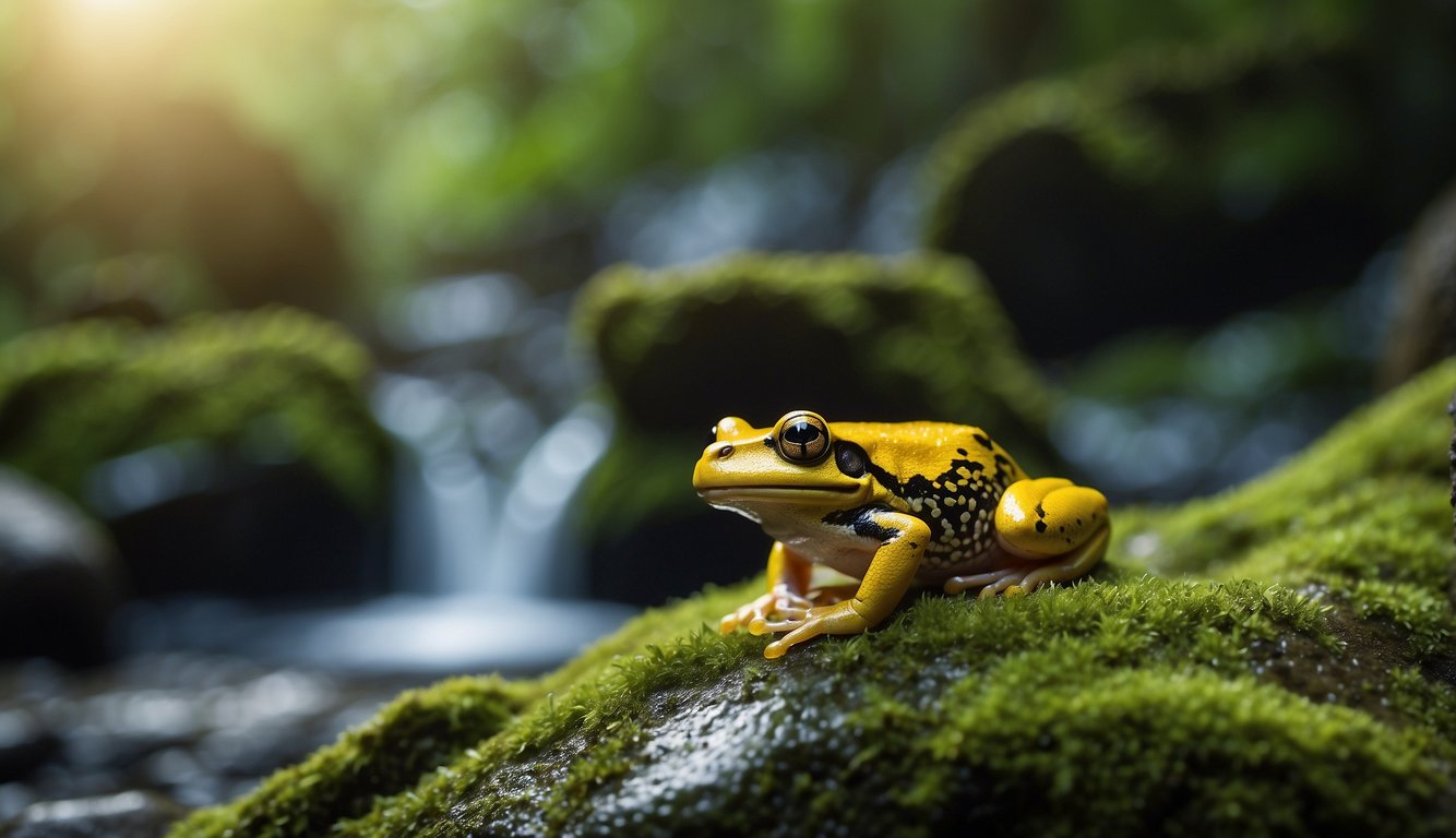 A vibrant Panamanian rainforest, with lush green foliage and a sparkling stream.

A golden frog perches on a mossy rock, its bright colors standing out against the rich natural backdrop