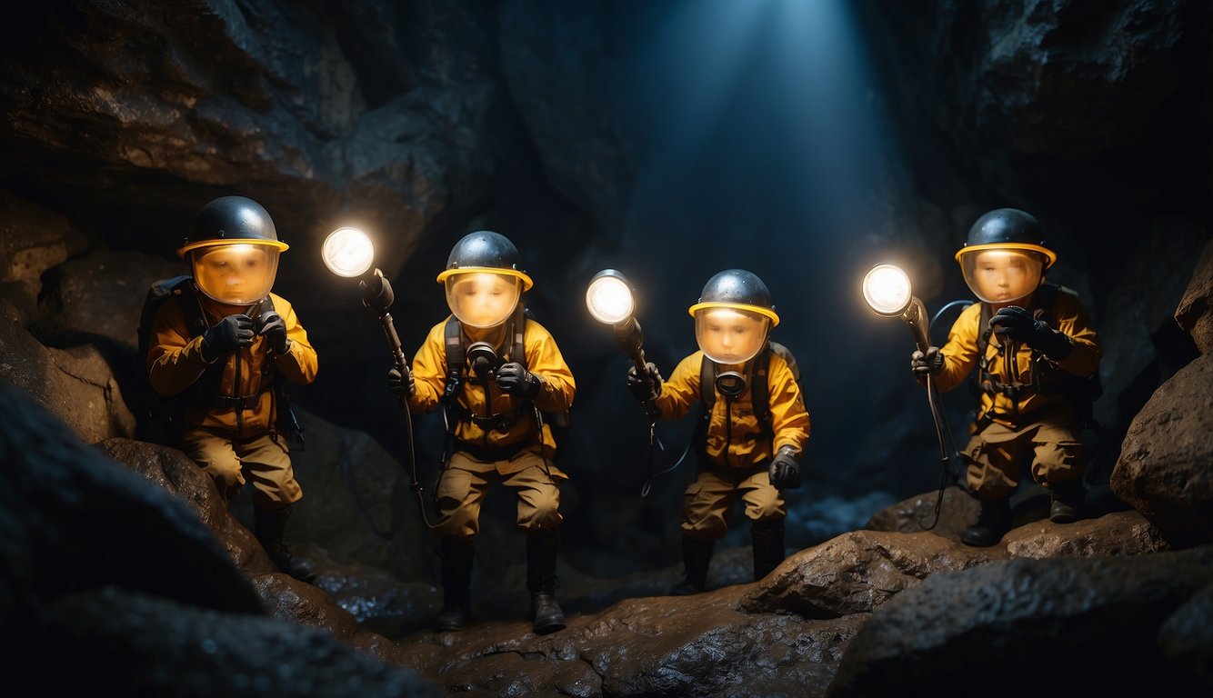 A group of explorers shine their flashlights on a dark, damp cave wall, revealing the elusive blind cave salamander clinging to the wet rocks