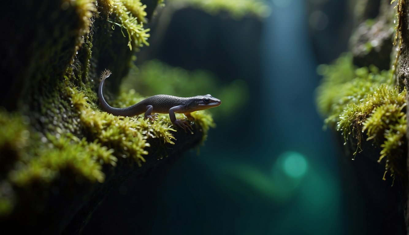 A dark, damp cave with a narrow passage.

A small, translucent salamander with no eyes swims in a clear pool. Stalactites hang from the ceiling, and the walls are covered in moss and algae