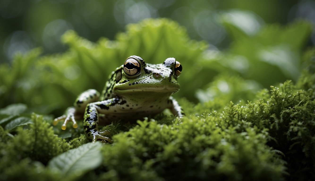 A mossy frog blends into lush green foliage, its mottled skin mimicking the texture and color of the leaves.

The frog's eyes peer out from its camouflage, barely visible among the dense vegetation