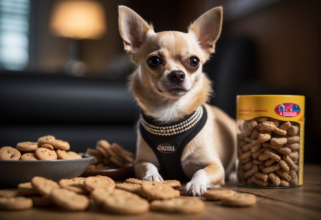 A chihuahua sitting attentively next to a pile of dog treats and a small training clicker, with a leash and collar nearby