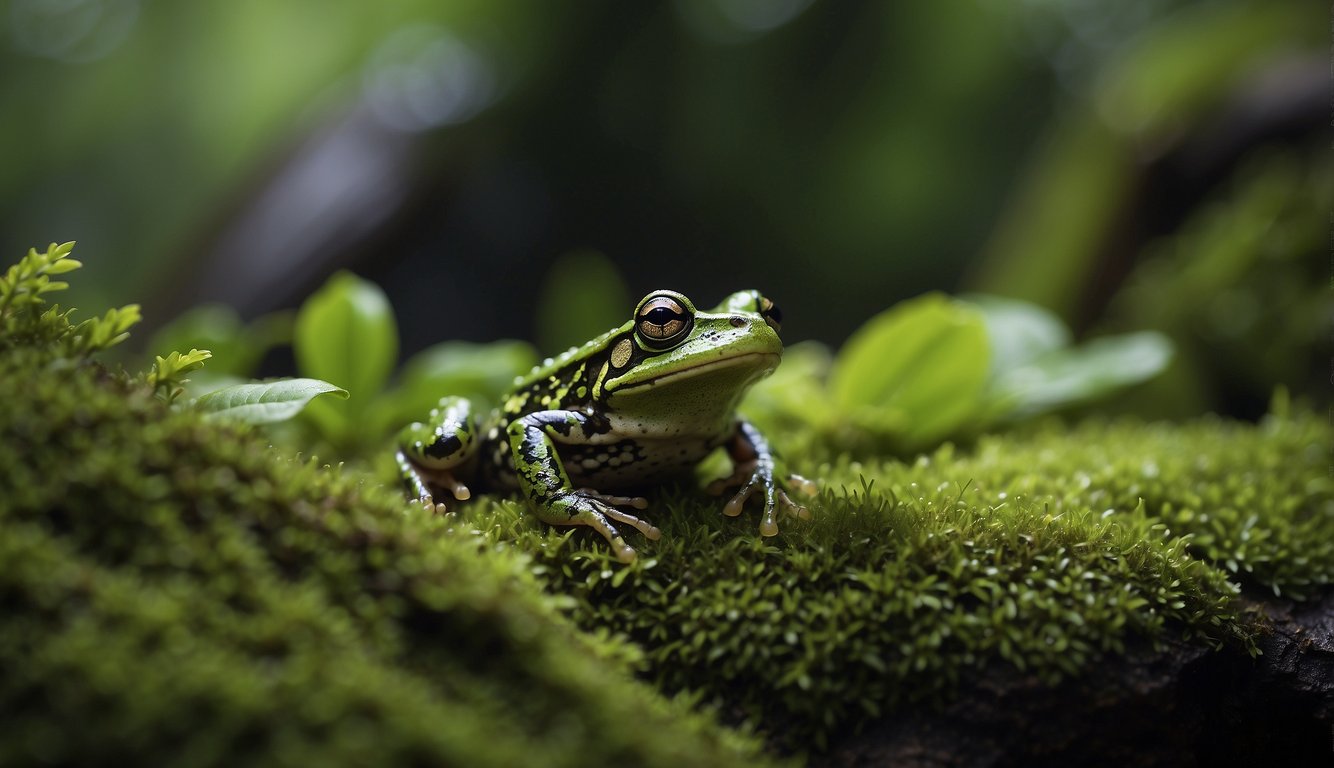 A mossy frog blends into the lush green foliage of a Vietnamese rainforest, perfectly camouflaged against the moss-covered rocks and leaves