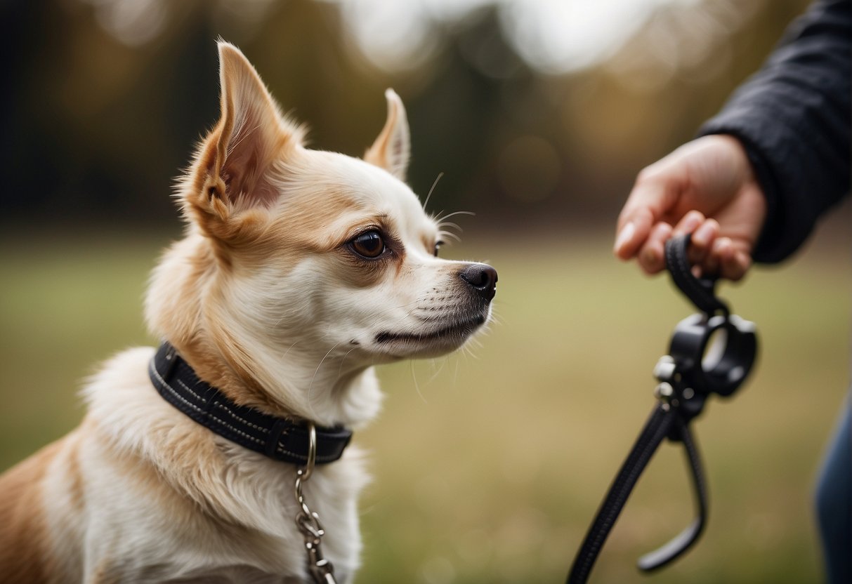 A Chihuahua sitting attentively, ears perked, in front of a dog trainer holding a clicker and treats. A leash and collar lay nearby