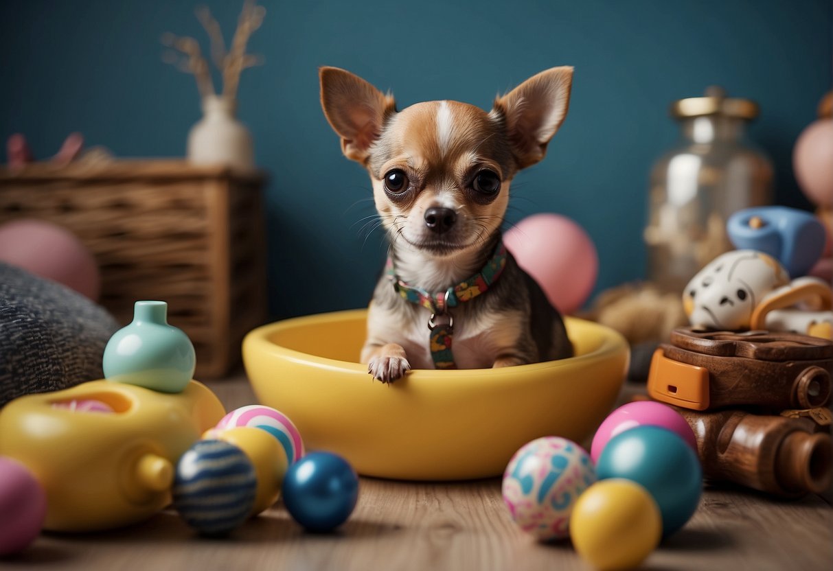 A Chihuahua sitting on a cushion, surrounded by toys and a bowl of water, while being gently brushed by a hand