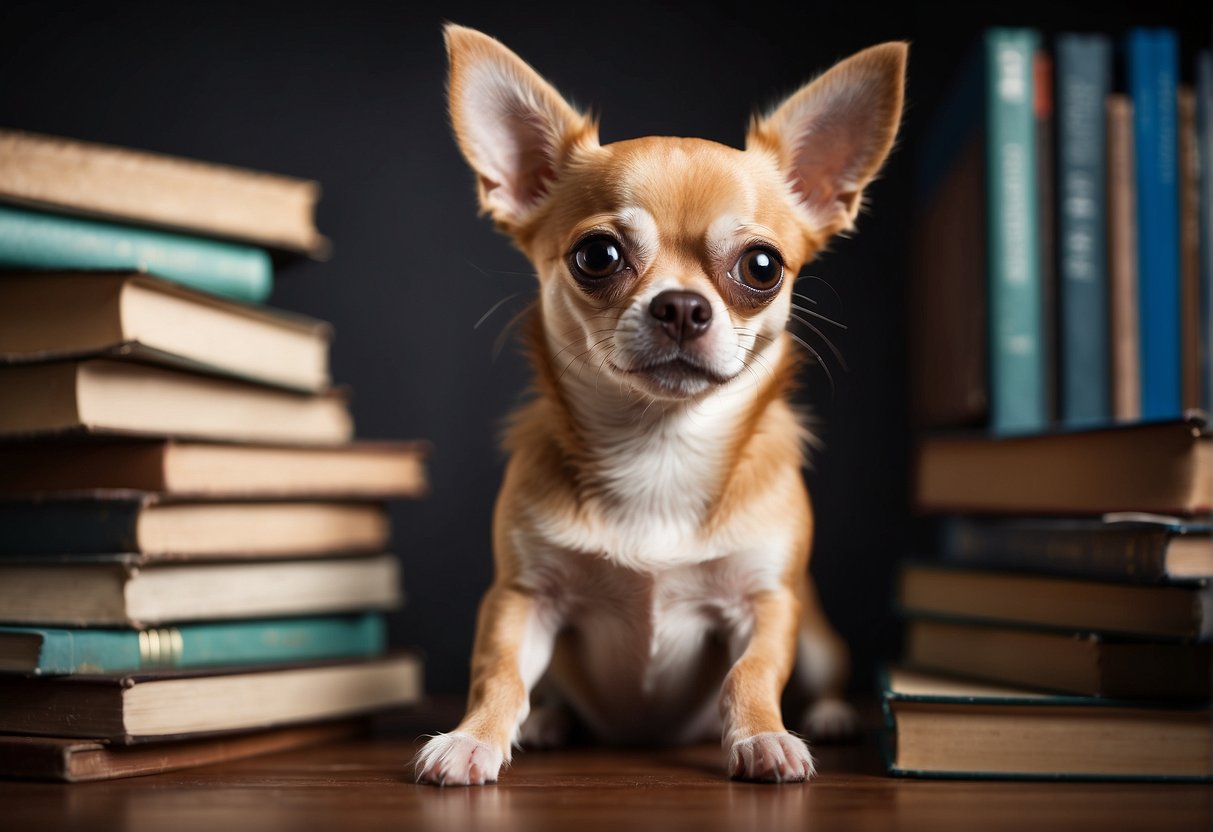 A chihuahua sitting attentively next to a stack of books labeled "Frequently Asked Questions: cómo educar a un chihuahua" with a curious expression on its face