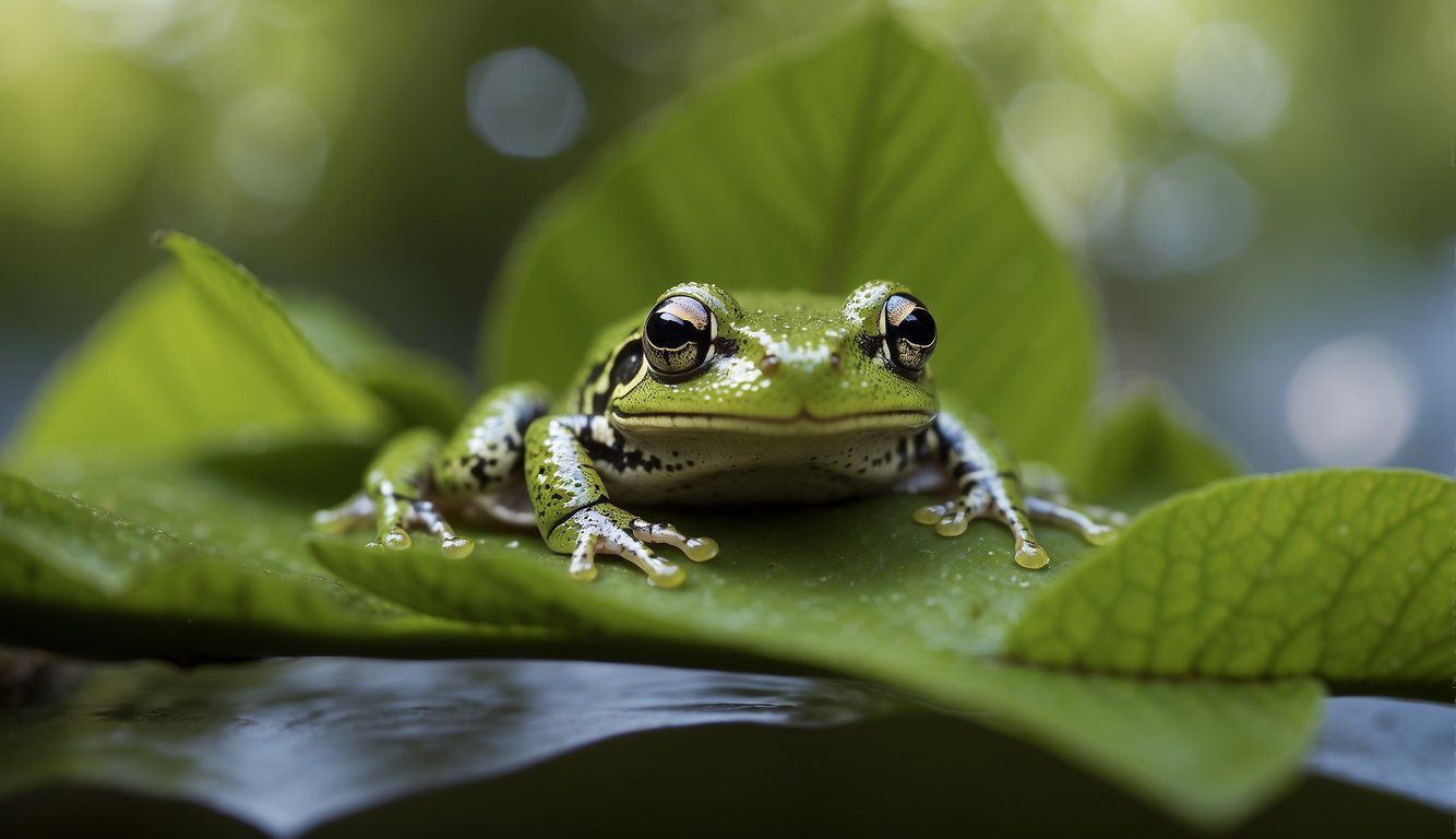 A barking tree frog perched on a vibrant green leaf, its throat inflated as it emits its distinctive "bark" call.

Surrounding vegetation and water source in the background