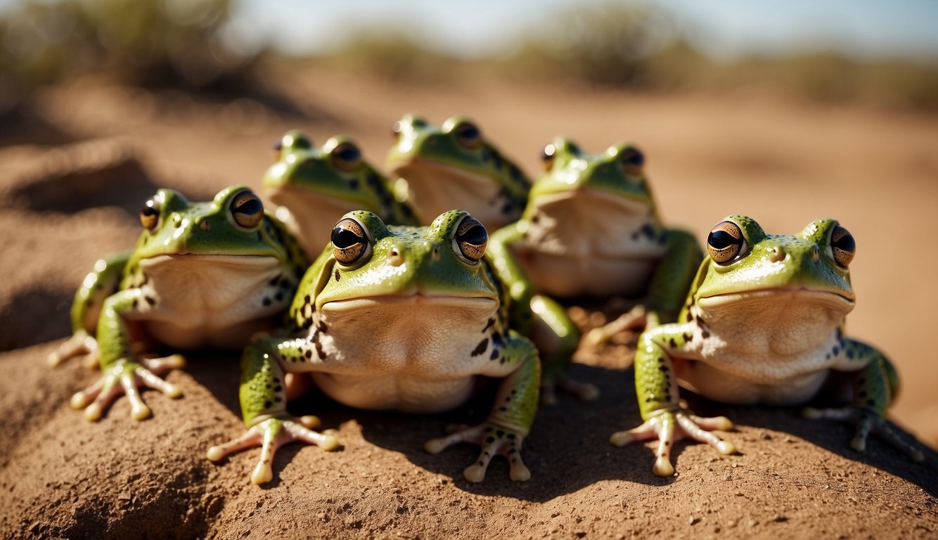 A group of water-holding frogs huddled together in the arid Australian desert, their plump bodies glistening with moisture as they seek refuge from the scorching sun