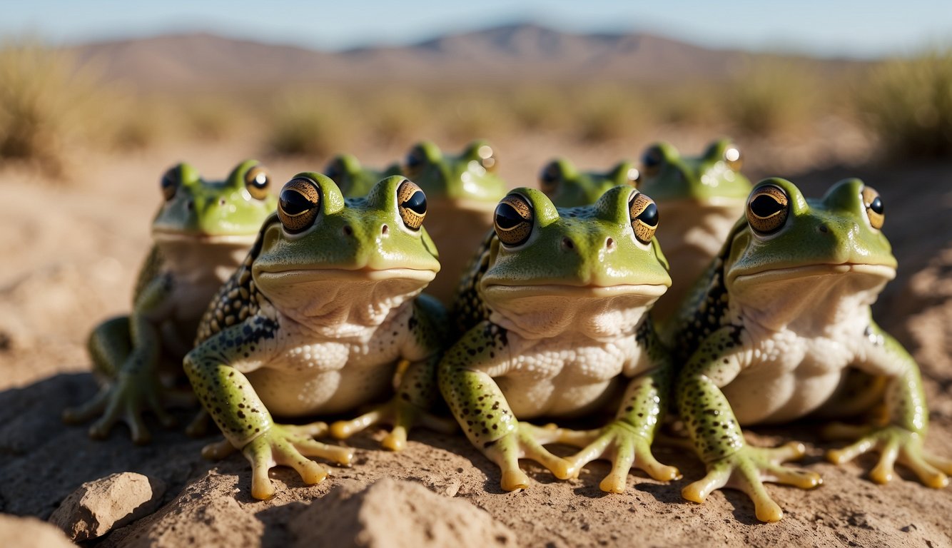 A group of water-holding frogs huddled together in a dry desert environment, surrounded by sparse vegetation and rocky terrain