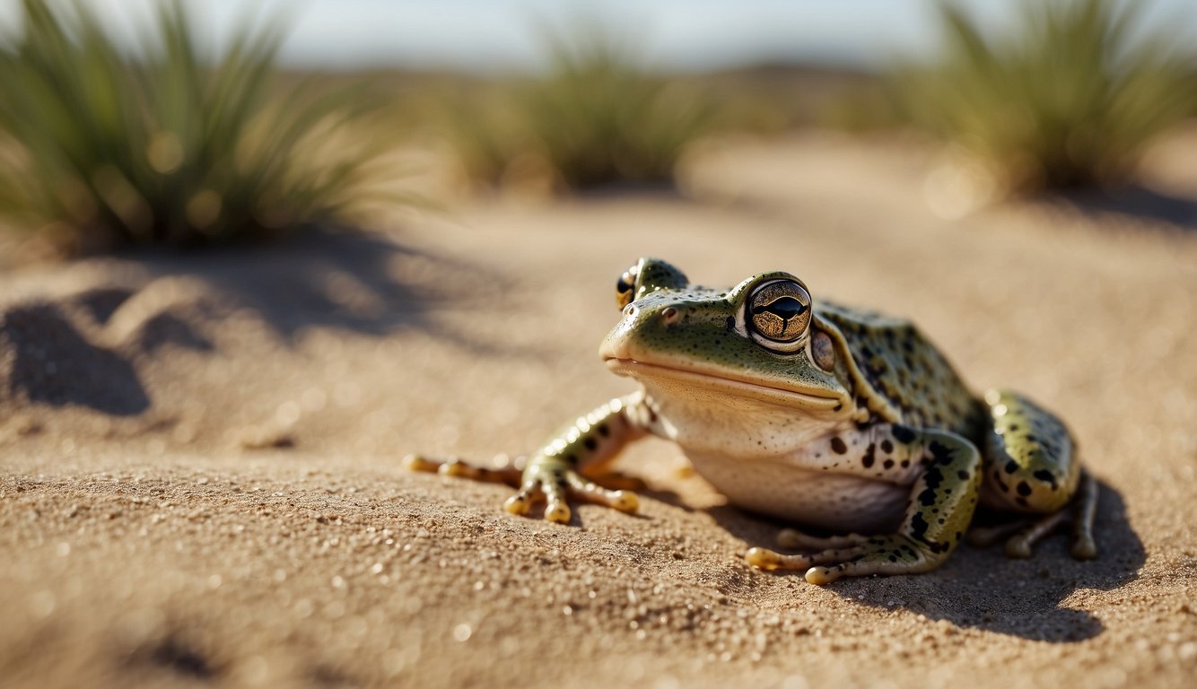 A water-holding frog perched on dry desert sand, its plump body and large eyes reflecting the harsh sun.

Surrounding vegetation is sparse and withered, highlighting the frog's struggle for survival