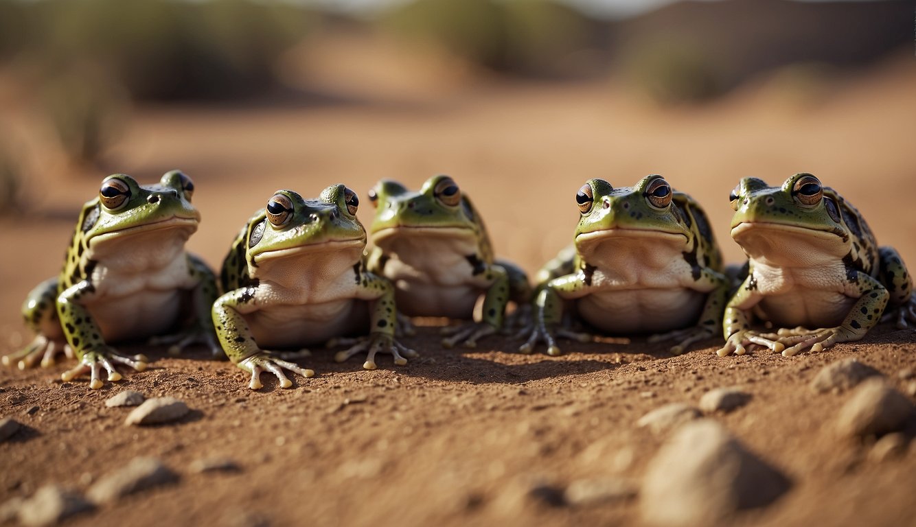 A group of water-holding frogs huddle together in the dry Australian desert, their plump bodies glistening with moisture as they wait for the next rainfall