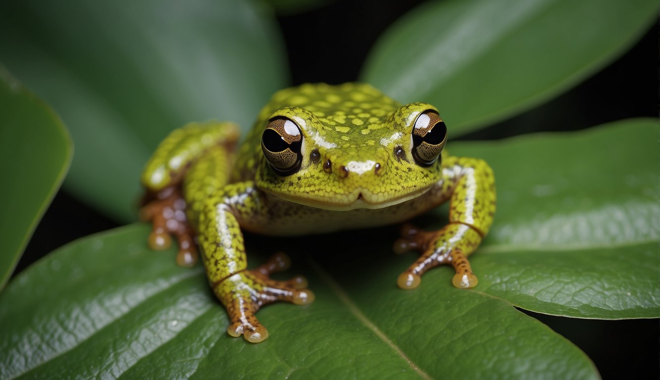 A leaf mimic frog blends seamlessly into a cluster of green leaves, its body mirroring the shape and texture of the foliage