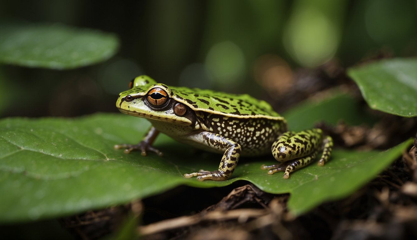 A leaf mimic frog blends seamlessly into its forest habitat, perfectly camouflaged among the green foliage.

Its slender body and mottled skin mimic the texture and color of the surrounding leaves