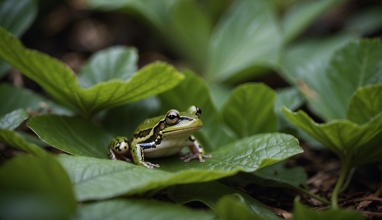 A small green frog blends seamlessly into a bed of leaves, perfectly camouflaged with its surroundings.

Its skin texture mimics the leaf patterns, making it nearly indistinguishable from the foliage