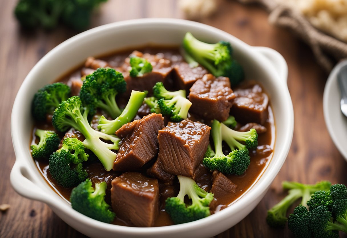 Chunks of tender beef and vibrant green broccoli simmer in a savory, aromatic sauce inside a slow cooker