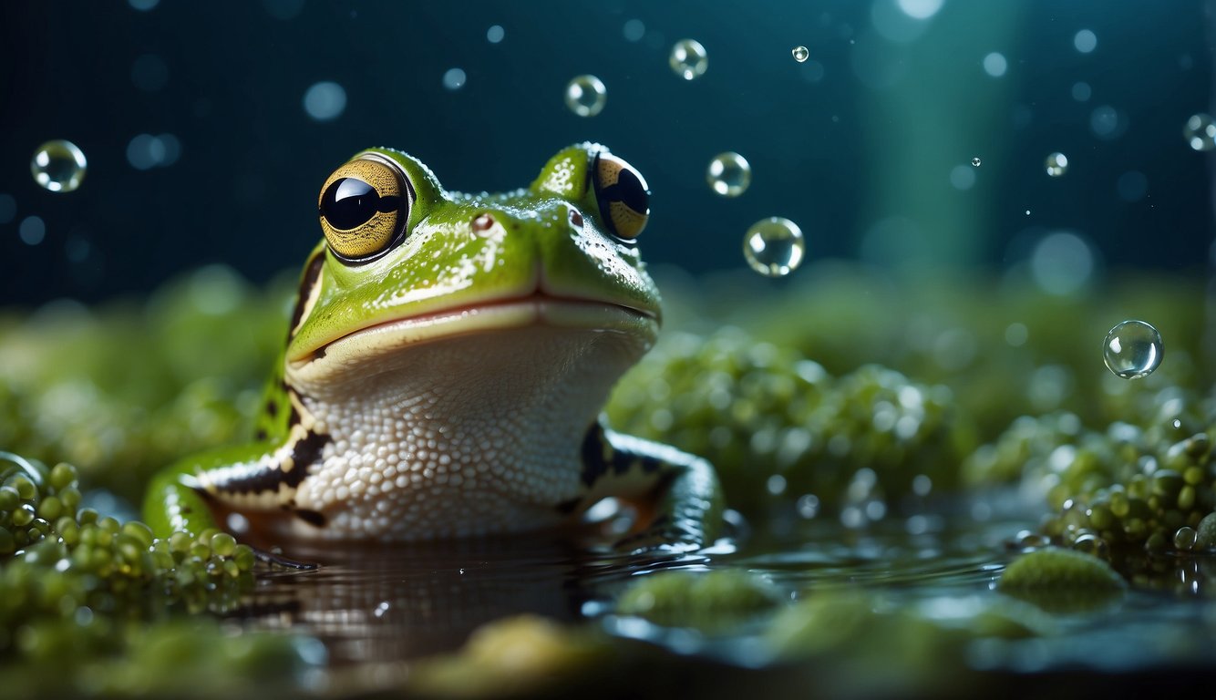 A green frog with a wide mouth is underwater, surrounded by bubbles, singing with musical notes floating around it