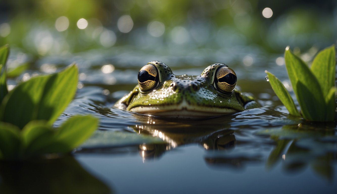 A frog submerged in water, emitting sound waves from its throat while surrounded by aquatic plants and bubbles