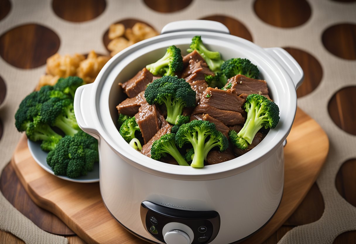A slow cooker filled with tender beef and vibrant broccoli, steaming and ready to be served