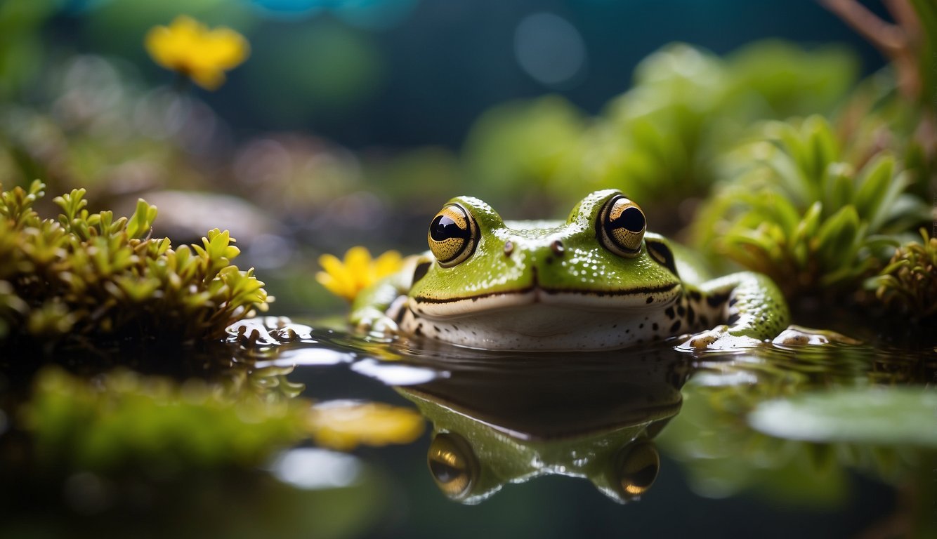 A group of aquatic singing frogs harmonize in a clear, shallow pond surrounded by vibrant aquatic plants and colorful fish