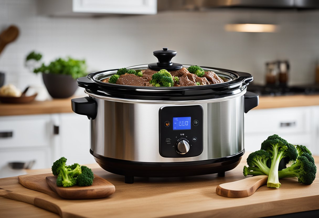 A slow cooker sits on a kitchen counter, filled with tender beef and broccoli. Steam rises as the lid is lifted, revealing the savory aroma within