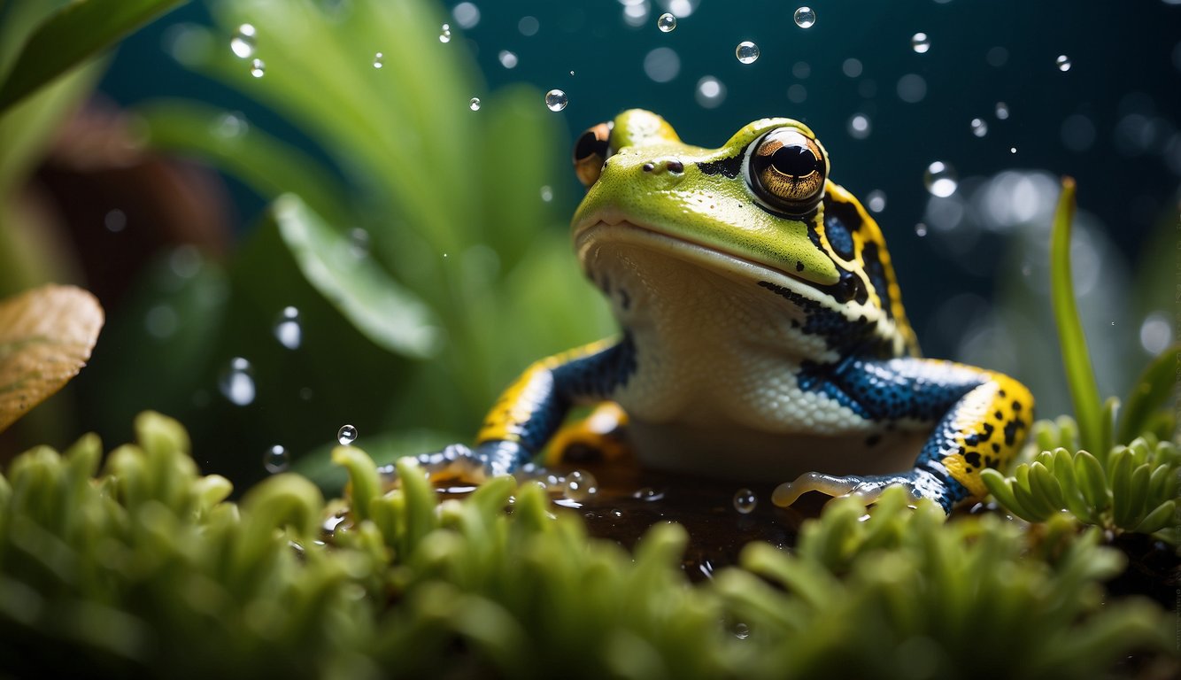 A colorful frog sings underwater surrounded by aquatic plants and bubbles