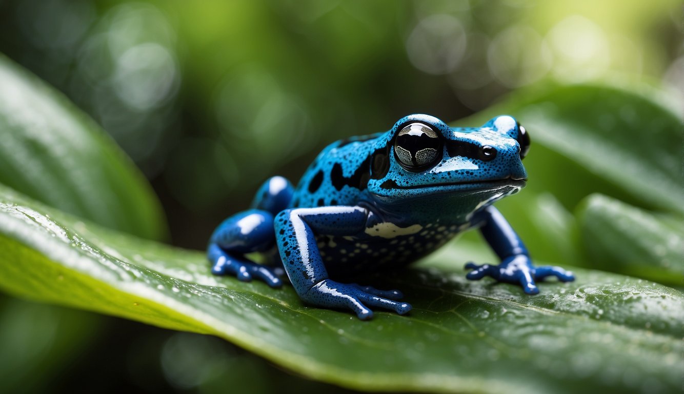 A vibrant jungle backdrop with lush green foliage.

A small, bright blue poison dart frog leaping from one leaf to another, its shiny skin glistening in the sunlight