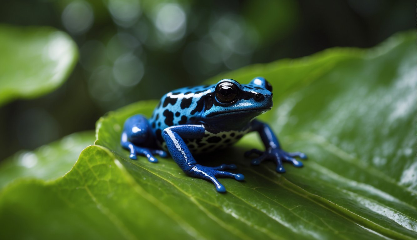 A vibrant sapphire blue poison dart frog perches on a lush green leaf, its skin glistening in the dappled sunlight of the rainforest