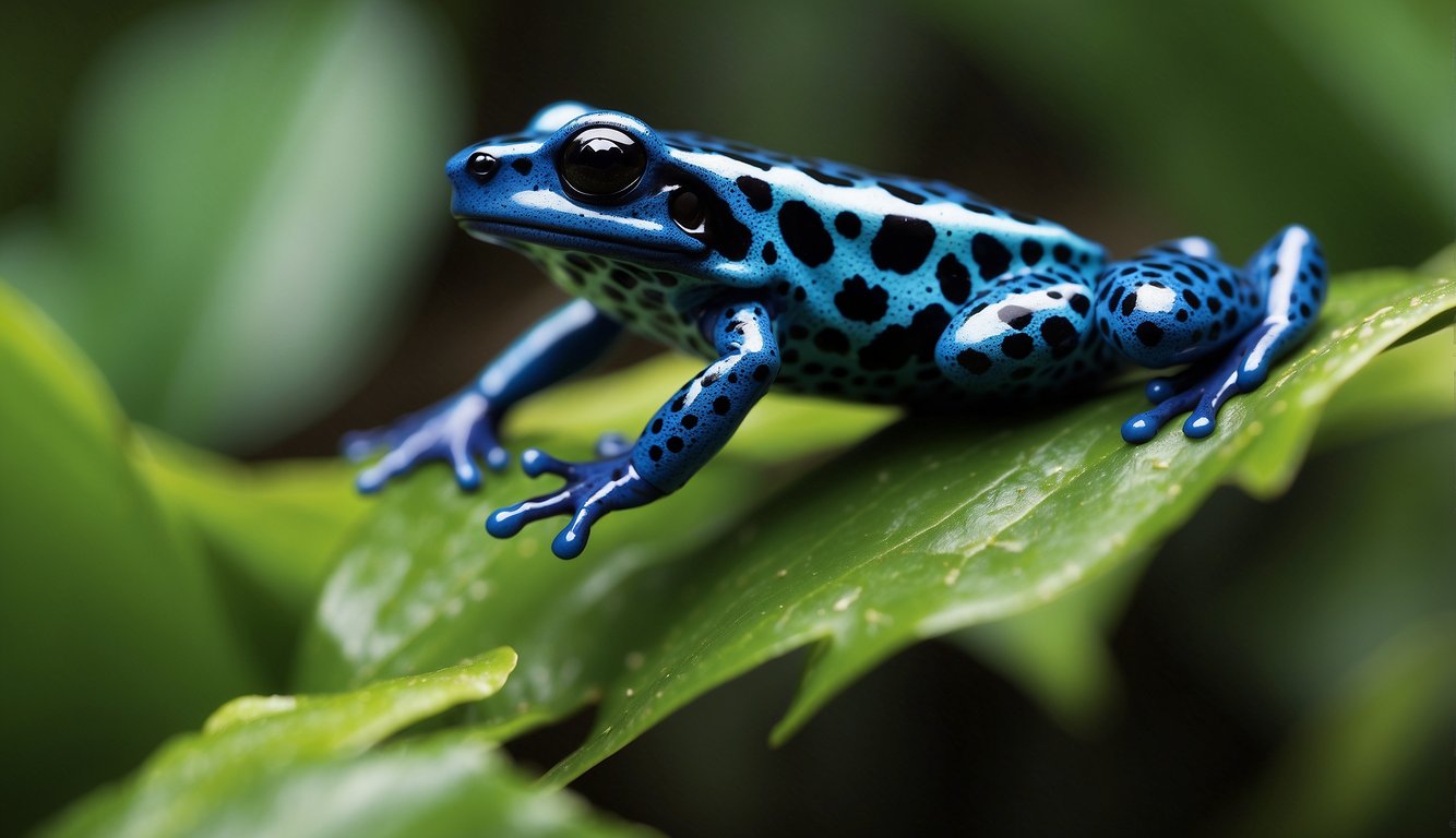 The Sapphire Blue Poison Dart Frog leaps across vibrant green leaves in its natural rainforest habitat, showcasing its brilliant blue and black speckled skin