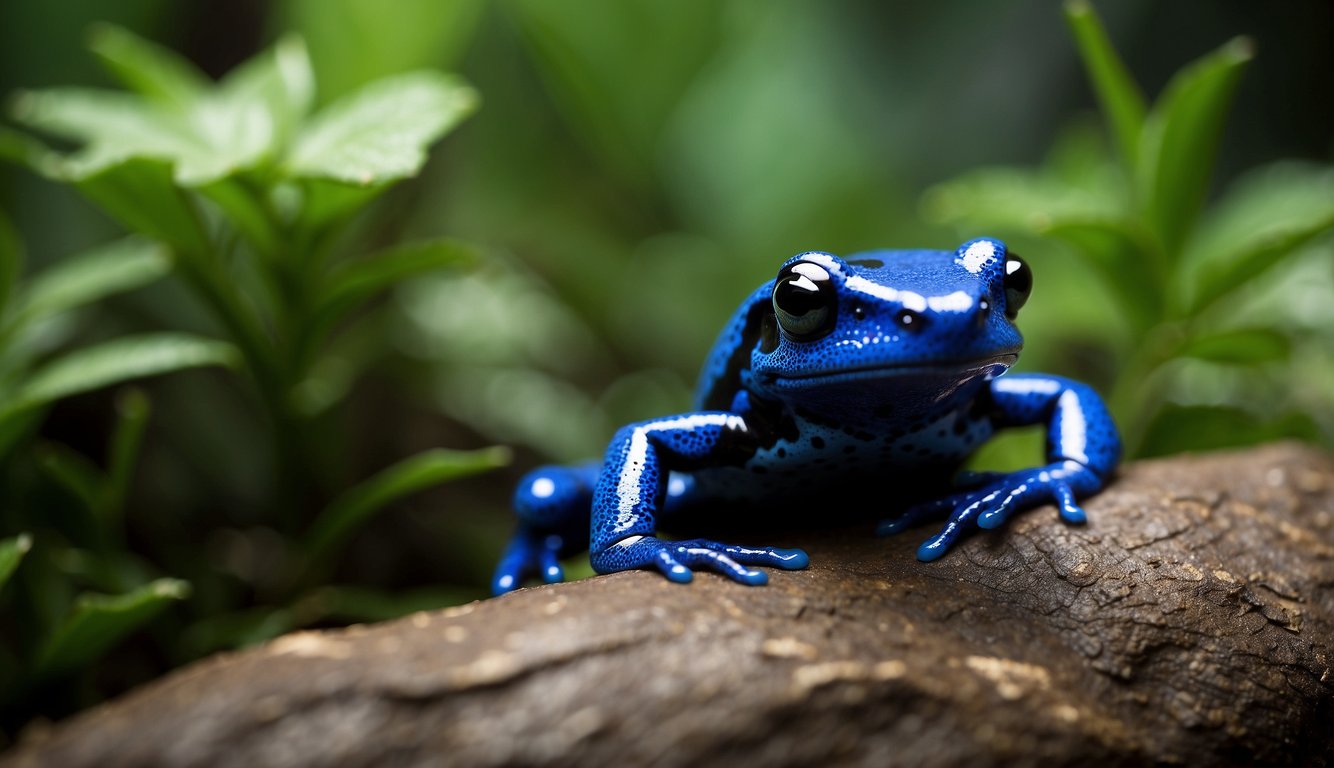 The Sapphire Blue Poison Dart Frog leaps among vibrant green leaves, its electric blue skin contrasting with the lush foliage.

The frog's agile movement and striking coloration make for an eye-catching scene