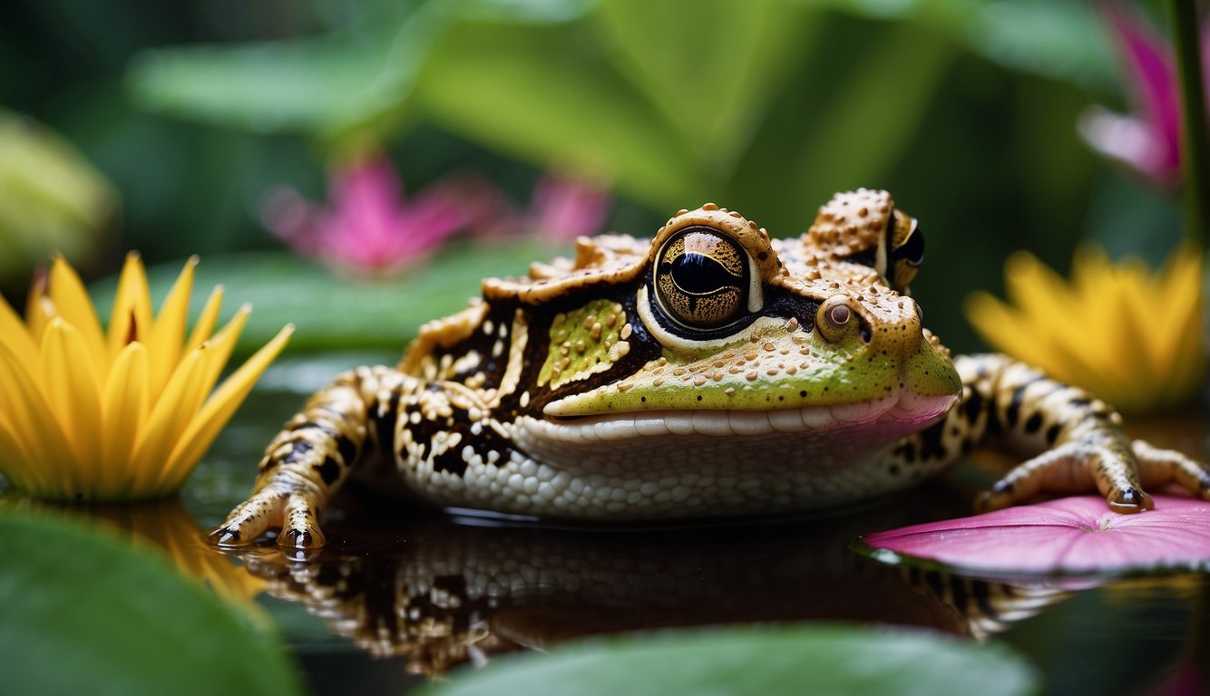 A long-nosed horned frog sits on a lily pad in a lush, tropical rainforest, surrounded by vibrant green foliage and colorful flowers.

Its unique horned appearance and vibrant colors make it stand out as a real-life unicorn frog