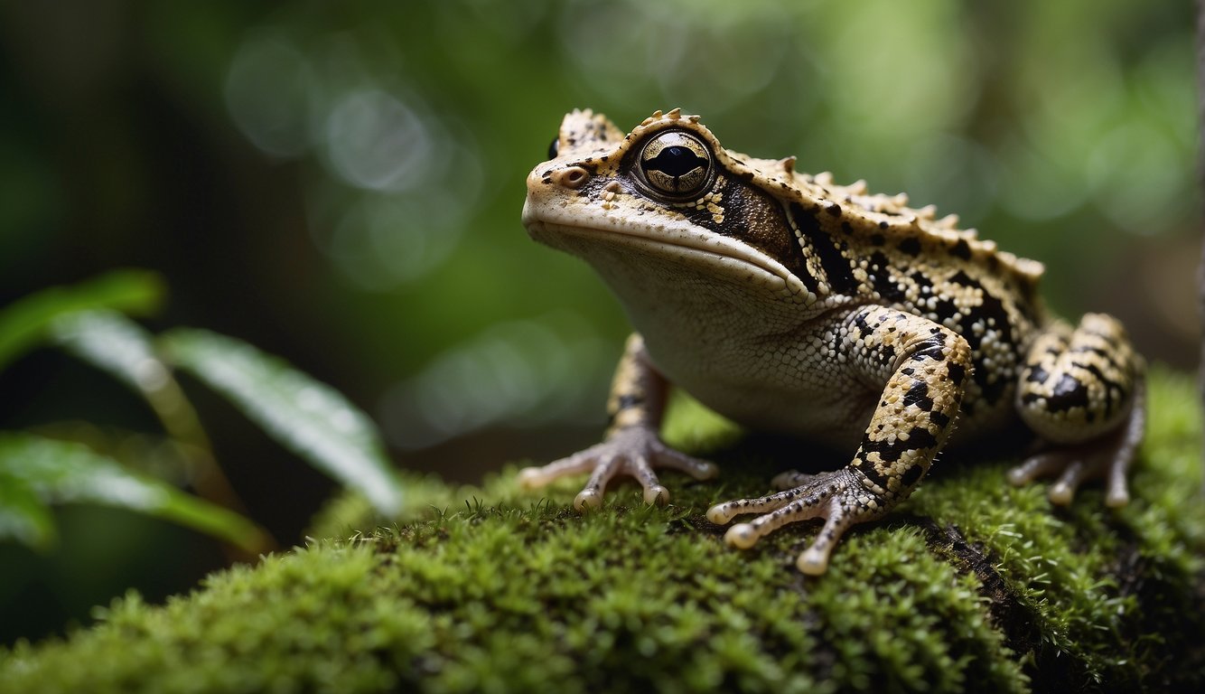 A long-nosed horned frog sits on a mossy log, surrounded by lush green foliage in a tropical rainforest.

Its unique horned appearance makes it resemble a mythical unicorn