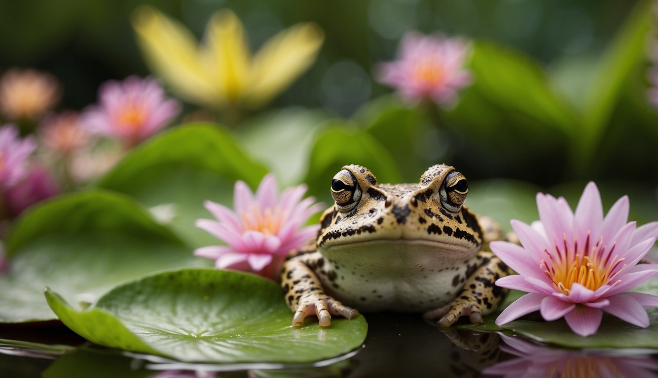 A long-nosed horned frog sits on a lily pad, surrounded by lush green foliage and colorful flowers.

The frog's unique horned protrusions and distinctive long nose are clearly visible