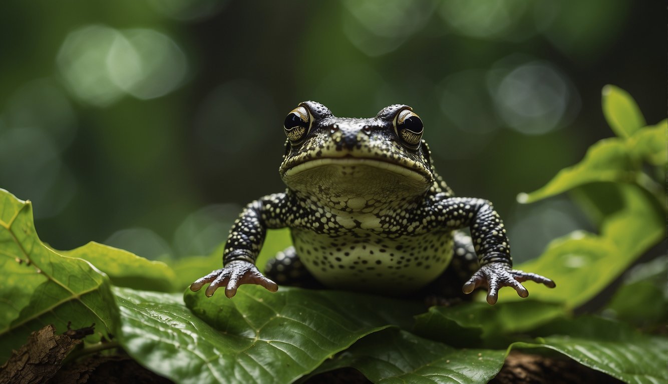 A nimble Nimba toad leaps from leaf to leaf, its vibrant green skin blending seamlessly with the lush jungle foliage.

Its long, agile legs propel it effortlessly through the treetops, showcasing its unique ability to navigate the dense canopy with ease
